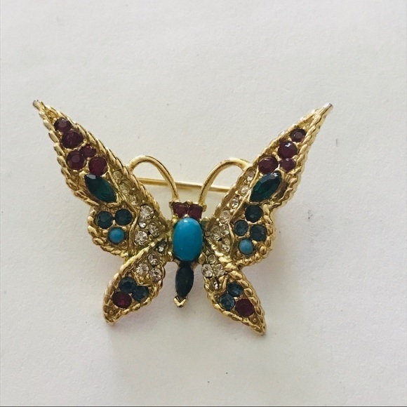 Vintage 80's Gold Plated Butterfly Brooch Pin with Crystals - Picture 1 of 8